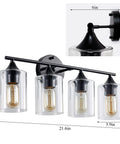 Four Light Matte Black Bath Vanity Light With Clear Glass Shades Industrial Farmhouse Sleek Modern Wall Sconce dimensions