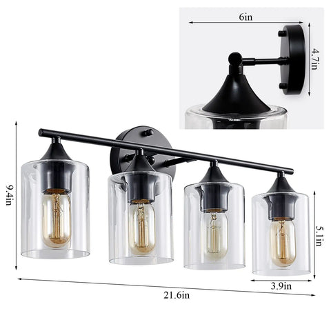 Four Light Matte Black Bath Vanity Light With Clear Glass Shades Industrial Farmhouse Sleek Modern Wall Sconce dimensions