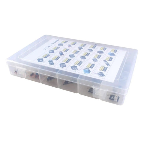 Dope Thirty Seven Sensor Starter Kit for Arduino and Raspberry Pi in clear plastic case, perfect for robot projects.