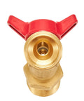 Beefy Brass Ball Valve For Outdoor Garden Hose Spigot Featuring Crisp Quarter Turn Shut Off And Tight Grip Two Pack Connector Kit For Effortless Backyard Irrigation Setup, top view of red handled brass ball valve.