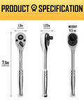 Three Eighth Inch Drive Ratchet With 90-Tooth Quick Release, Four Degree Swing, Reversible Handle, Chrome Alloy Finish, Pro Grade Chrome Vanadium Build, Durable And Easy To Clean For Auto, Home, And DIY Repairs, front side view