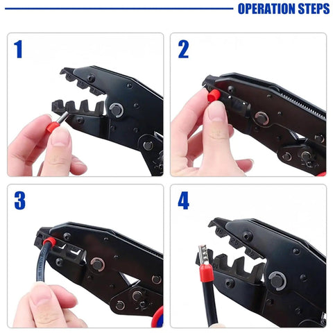 Steps using 200 Piece Insulated Wire Ferrule Kit For 8 AWG, showing crimping process with red ferrule connectors and crimping tool.