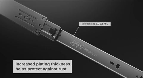 Close-up of 22 Inch Soft Close Cabinet Drawer Slides Full Extension Ultra Thick 1.2mm Stainless Steel Ball Bearing Smooth Glide 100K Cycle.