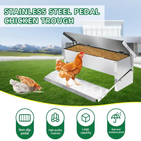 Automatic Treadle Chicken Feeder For Smart Backyard Flocks 11 Pound Capacity Rodent Block Poultry Feeding Trough with stainless steel pedal and grain.