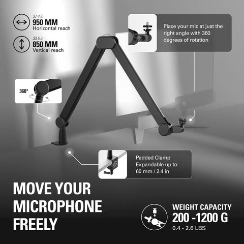 Wave Mic Arm Studio Boom Arm For Streaming And Podcasting With Cable Channels Desk Clamp, showing horizontal and vertical reach.