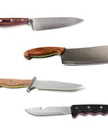 Various knives with wooden and black handles, showcasing potential use of G10 Knife Handle Scale Sheets Set Pre Cut Spacer Material.