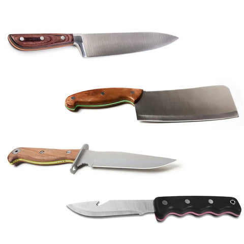 Various knives with wooden and black handles, showcasing potential use of G10 Knife Handle Scale Sheets Set Pre Cut Spacer Material.
