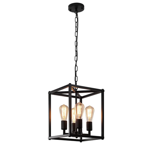 Black 4 Light Lantern Chandelier Farmhouse Vibe Pendant Light With Adjustable Height Rustic Cage Industrial Hanging Fixture