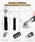 Hella Tough Tire Repair Patch Kit With Tungsten Steel Buffing Wheel Rubber Patches Roller And Scraper For Car Motorcycle Flat Fixes Quick Roadside Repairs In Three Sizes, showing tools including a rubber scraper, buffing wheel, and durable handle.
