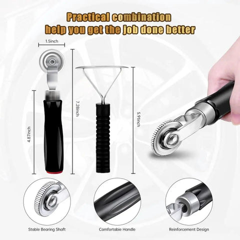 Hella Tough Tire Repair Patch Kit With Tungsten Steel Buffing Wheel Rubber Patches Roller And Scraper For Car Motorcycle Flat Fixes Quick Roadside Repairs In Three Sizes, showing tools including a rubber scraper, buffing wheel, and durable handle.