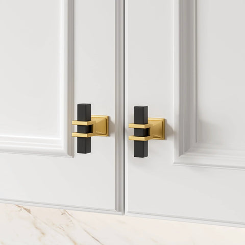 Black And Gold T Bar Cabinet Knobs Set 10 Pack For Kitchen Cabinets And Dressers with zinc alloy base, installed on white cabinets