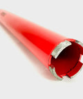 Diamond wet core drill bit, 2-inch diameter, 1-1/4-inch threaded shank, red coating, close-up of cutting head