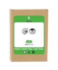 Heavy Duty M12 X 1.5 Nylon Insert Hex Lock Nuts 5 Pack 304 Stainless Steel Self Locking Fasteners with blue nylon ring in packaging.
