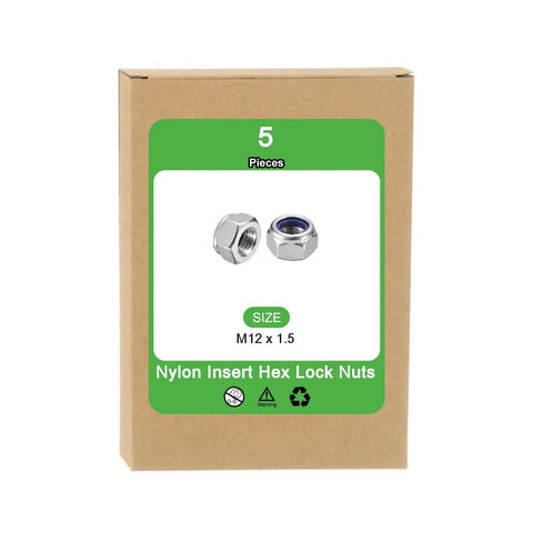 Heavy Duty M12 X 1.5 Nylon Insert Hex Lock Nuts 5 Pack 304 Stainless Steel Self Locking Fasteners with blue nylon ring in packaging.