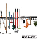 All Metal Garage Tool Organizer Wall Mount Rack 3 Pack Heavy Duty Storage With 51 Inches Total Length 5 Orange Rubber Hooks And 6 Black Fixed Hooks Per Unit Holds Brooms Rakes Mops Shovels Easy Install showing various tools hanging