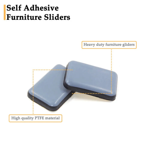 Rectangular Adhesive Furniture Sliders Set, 20 Pieces, 1-3/8 x 1 Inch PTFE Chair Glides For Hardwood Floors And Carpet