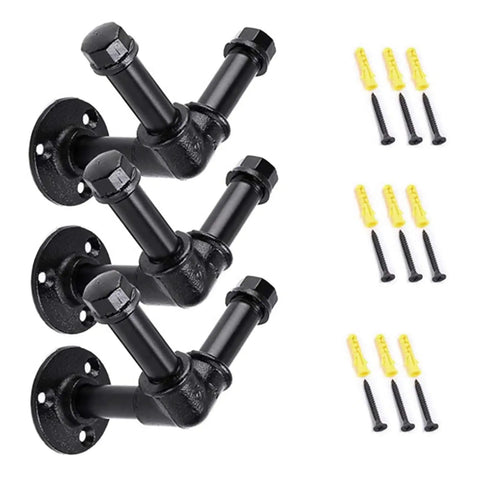 Hella Sturdy Black Iron V Shaped Wall Hook Straight Up Industrial Pipe Design with three black iron hooks and screws.