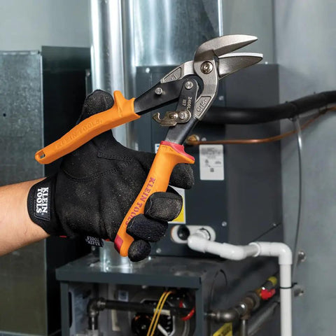 Left-Cutting Offset Tin Snips For Sheet Metal shown in hand, featuring forged blades and heavy-duty steel construction.