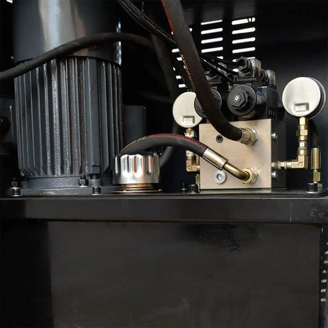 Close-up of the hydraulic motor and mechanism of the Shop Ready 40 Ton Hydraulic Horizontal Metal Bender With 3HP 220V Motor.