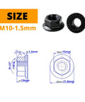 M10x1.5 Serrated Flange Hex Nuts Anti Loosening Black Oxide Finish 15mm Flange 21.8mm Size Diagram 20 Pack