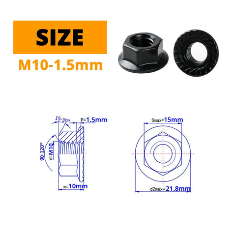 M10x1.5 Serrated Flange Hex Nuts Anti Loosening Black Oxide Finish 15mm Flange 21.8mm Size Diagram 20 Pack