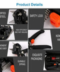 Pro Grade 2-In-1 Grafting And Pruning Tool With Replaceable Omega Cut V Cut And U Cut Blades SK5 Steel Durable ABS Handle In Black And Orange Heavy-Duty Pruner For Precise Grafts And Efficient Garden Pruning. Product details showing SK5 steel blade, safety lock, spring, and case.
