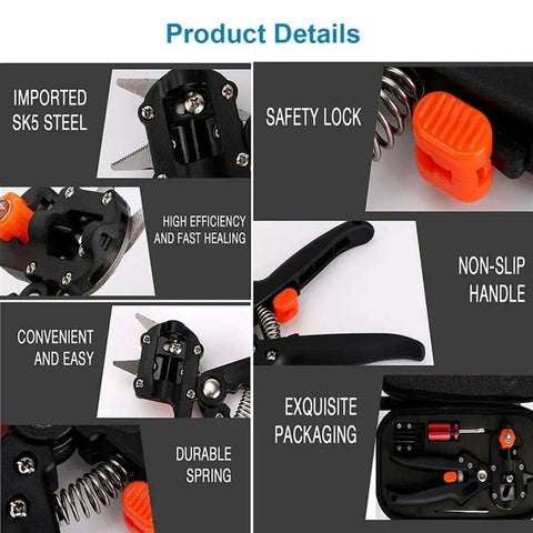 Pro Grade 2-In-1 Grafting And Pruning Tool With Replaceable Omega Cut V Cut And U Cut Blades SK5 Steel Durable ABS Handle In Black And Orange Heavy-Duty Pruner For Precise Grafts And Efficient Garden Pruning. Product details showing SK5 steel blade, safety lock, spring, and case.