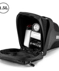 Open 1.5L Bike Saddle Bag For Mountain And Road Bikes, showing tools inside, durable PU fabric with diamond grid shield.