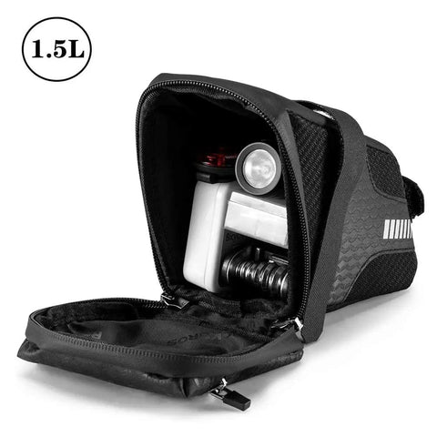 Open 1.5L Bike Saddle Bag For Mountain And Road Bikes, showing tools inside, durable PU fabric with diamond grid shield.