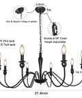 Black Farmhouse Chandelier With 8 Candle Style Lights, Rustic Metal Ceiling Fixture, adjustable height, installation details shown