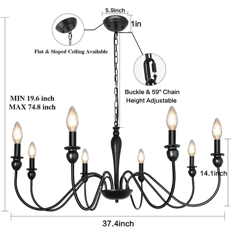 Black Farmhouse Chandelier With 8 Candle Style Lights, Rustic Metal Ceiling Fixture, adjustable height, installation details shown