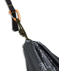 Close-up of Wawona Camp Hammock With Carabiners And Tree Straps For Quick One Person Setup in Anthracite Grey Topo Print