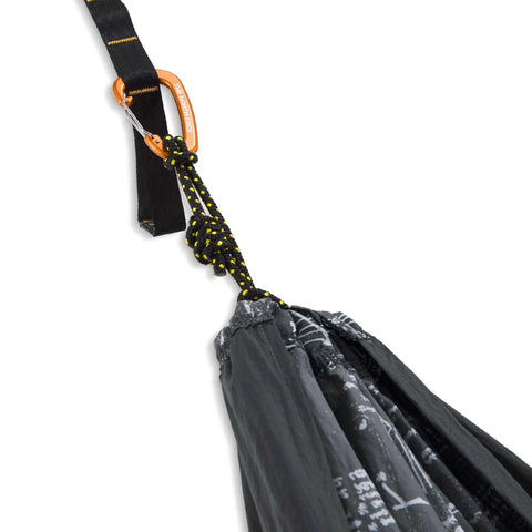 Close-up of Wawona Camp Hammock With Carabiners And Tree Straps For Quick One Person Setup in Anthracite Grey Topo Print