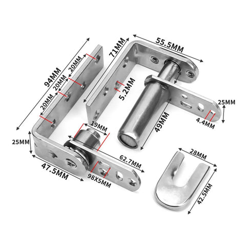 Pivot Door Hinges for Wooden Doors with 360 Degree Rotation Full Circle Swing Hardware Set with measurements displayed