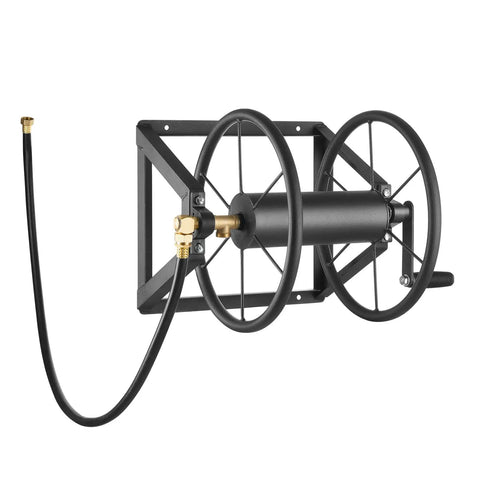 Wall Mounted Garden Hose Reel Holds 200 Feet Of 5/8 Inch Hose Heavy Duty Steel Outdoor Water Reel With Brass Fittings And 5 Foot Leader Hose Manual Winder Space Saving For Yard Lawn And Garage