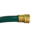 Close-up of the brass coupling on the Half Inch Fifty Foot Reinforced Garden Hose With Knitted Nylon Reinforcement Weather Resistant Vinyl Cover Built Tough Lightweight And Easy Connect Couplings Perfect For Everyday Garden And Lawn Care In Cold Weather