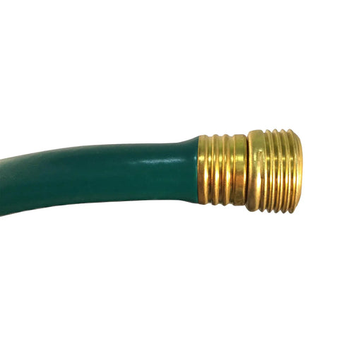 Close-up of the brass coupling on the Half Inch Fifty Foot Reinforced Garden Hose With Knitted Nylon Reinforcement Weather Resistant Vinyl Cover Built Tough Lightweight And Easy Connect Couplings Perfect For Everyday Garden And Lawn Care In Cold Weather