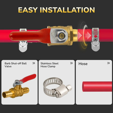 Heavy Duty Solid Brass Barb Shut Off Ball Valve For Fuel And Water Lines Leak Tight Flow Control With Four Stainless Steel Clamps Drip Free Two Pack close-up of valve with hose clamp and red hose