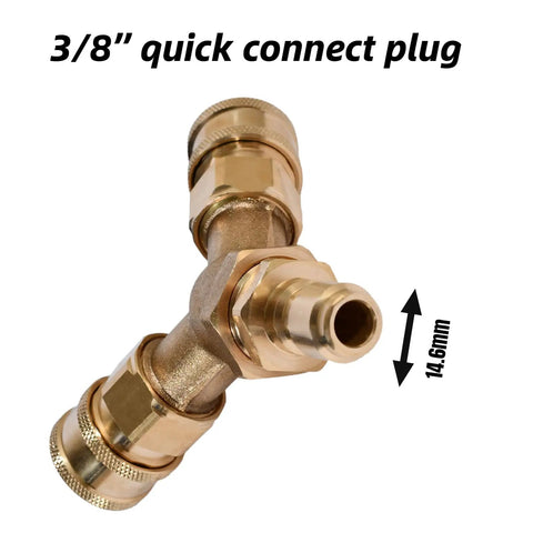 Three Eighth Inch Quick Connect Tee Splitter Coupler for Pressure Washer, brass Y-shape, dual hose adaptor, 3/8 inch size