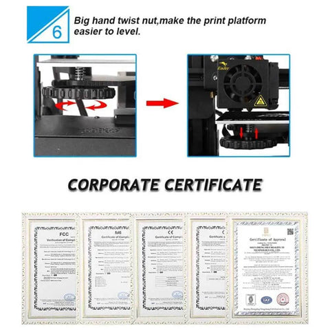 Close-up of Ender 3 3D Printer With Resume Printing Function Fully Open Source For DIY Makers leveling nut and corporate certificates