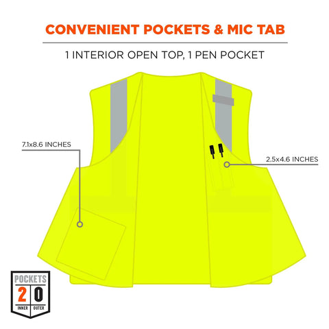 Diagram of Worksite Ready Flame Resistant Safety Vest For Adults with pocket dimensions, high visibility lime, reflective tape.