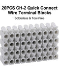 No Sweat Quick Connect Wire Terminal Blocks Two Way Solderless Push In Cable Connectors Rated At 10 Amps For 110 To 240 Volt Systems Bright White Finish twenty-piece bundle stacked in rows.