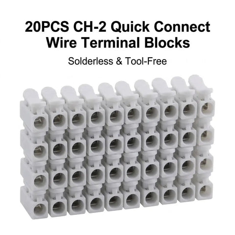 No Sweat Quick Connect Wire Terminal Blocks Two Way Solderless Push In Cable Connectors Rated At 10 Amps For 110 To 240 Volt Systems Bright White Finish twenty-piece bundle stacked in rows.