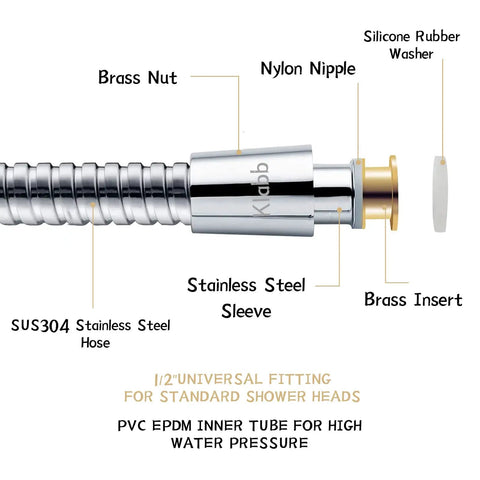 Diagram of 59 Inch Stainless Steel Handheld Shower Hose with Brass Connectors and G1/2 Fittings showing construction details