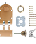 Heavy Duty Double Cylinder Door Lock With Jimmy-Resistant Design That Deters Forced Entry By Spreading Door Frames, Gold Finish, Crafted From Zinc Alloy. Includes lock components and keys.