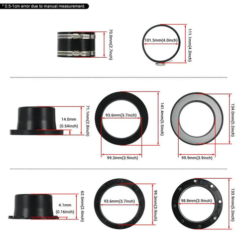 4 Inch And 2.5 Inch Magnetic Dust Collection Fittings Starter Kit For Shop Vac Hoses, showing dimensions and design details.