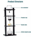 Borosilicate Cold Brew Drip Tower For Iced Coffee showing product structure with ice container, powder cup, snake tube, and coffee liquid container.