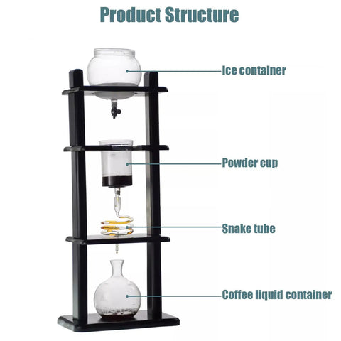 Borosilicate Cold Brew Drip Tower For Iced Coffee showing product structure with ice container, powder cup, snake tube, and coffee liquid container.