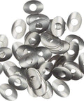 Top-down view of aluminum wheel spoke nipple washers, 50-pack for high-performance road and TT bikes.