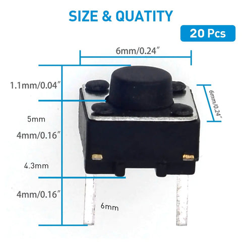 Front view of 20 Pcs 6mm 2 Pin Momentary Tactile Push Button Switch Through Hole Breadboard Friendly For Panel And PCB Projects